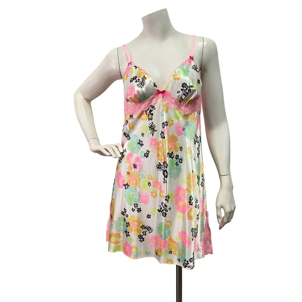 Victoria Secret M‎ Floral Satin Lace Trim Slip Dress Lingerie Babydoll Cottage